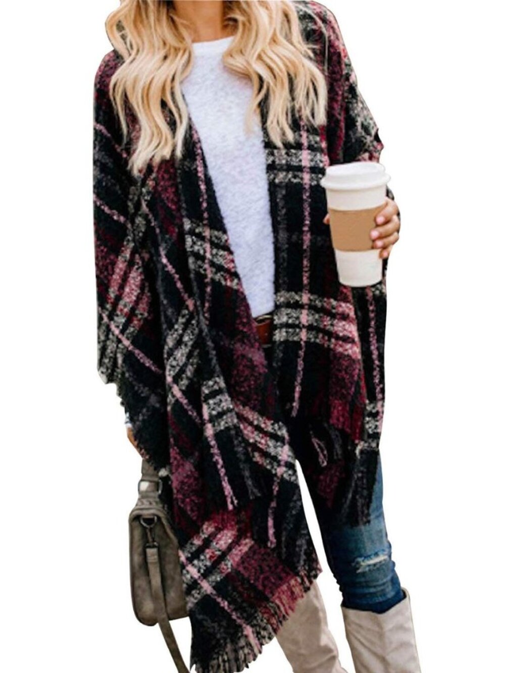 Womens Boho Plaid Poncho Open Front Shawl Wrap Cape